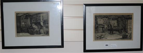 Robert Bryden (1865-1939), two dry point etchings, interior scenes, signed in pencil, dated 1906, 22 x 32cm